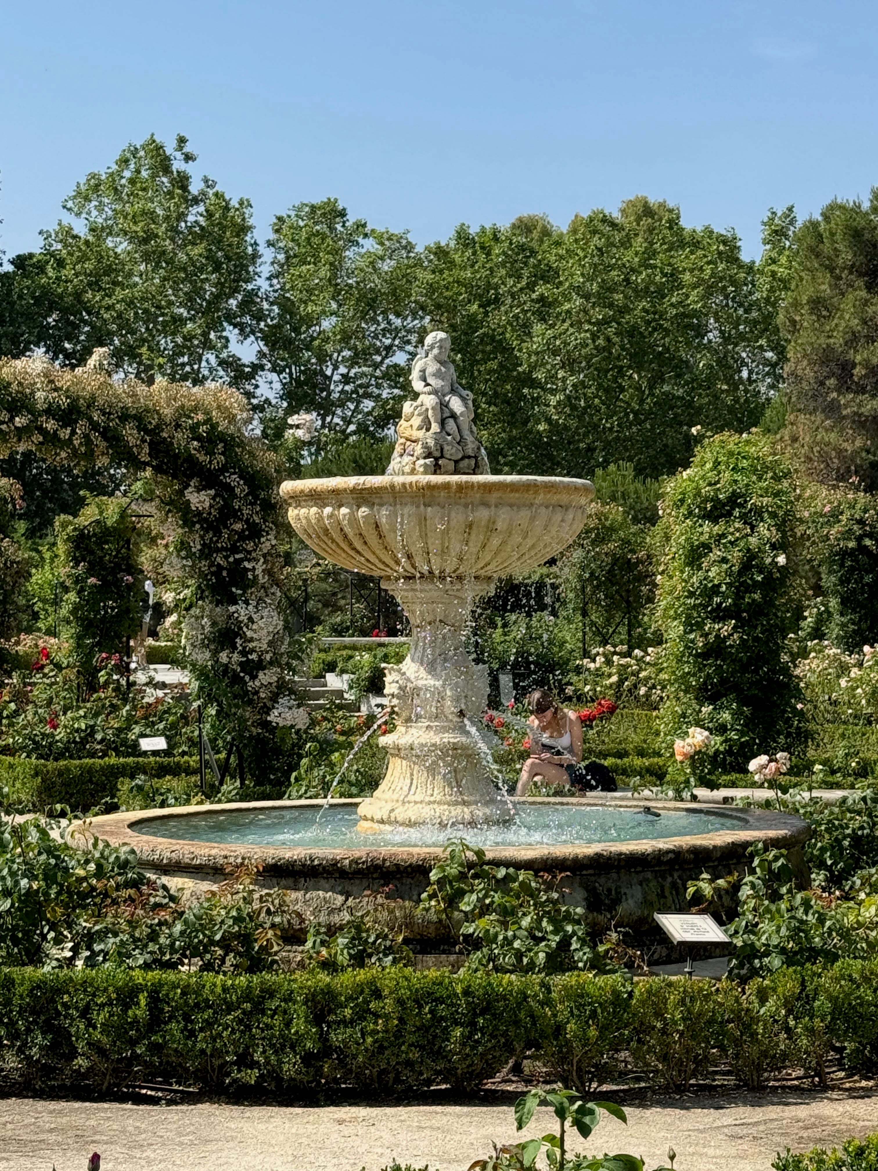 A stone fountain in the rose garden at Madrid's Retiro park