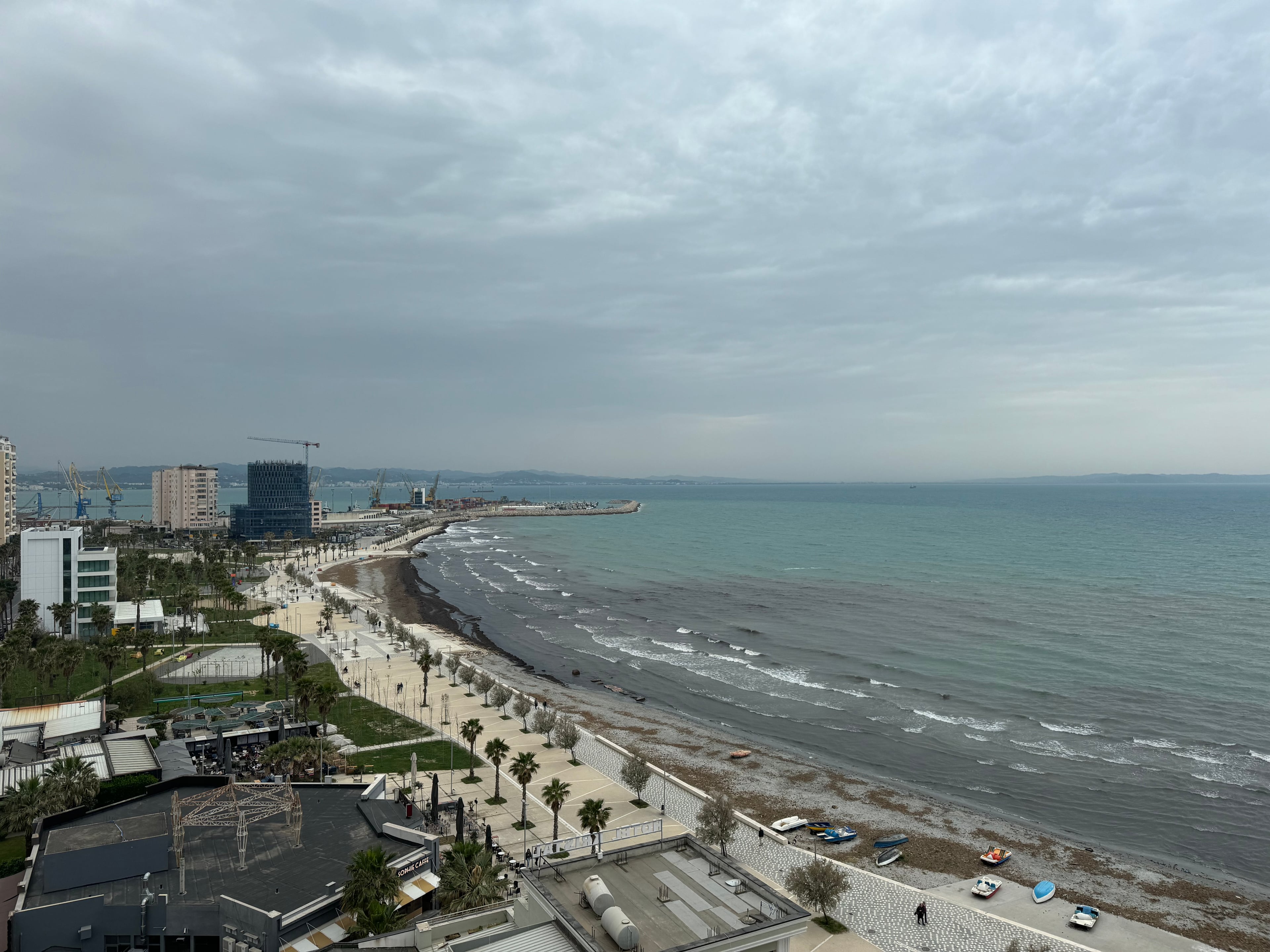 The Durrës waterfront and Adriatic beach from above.