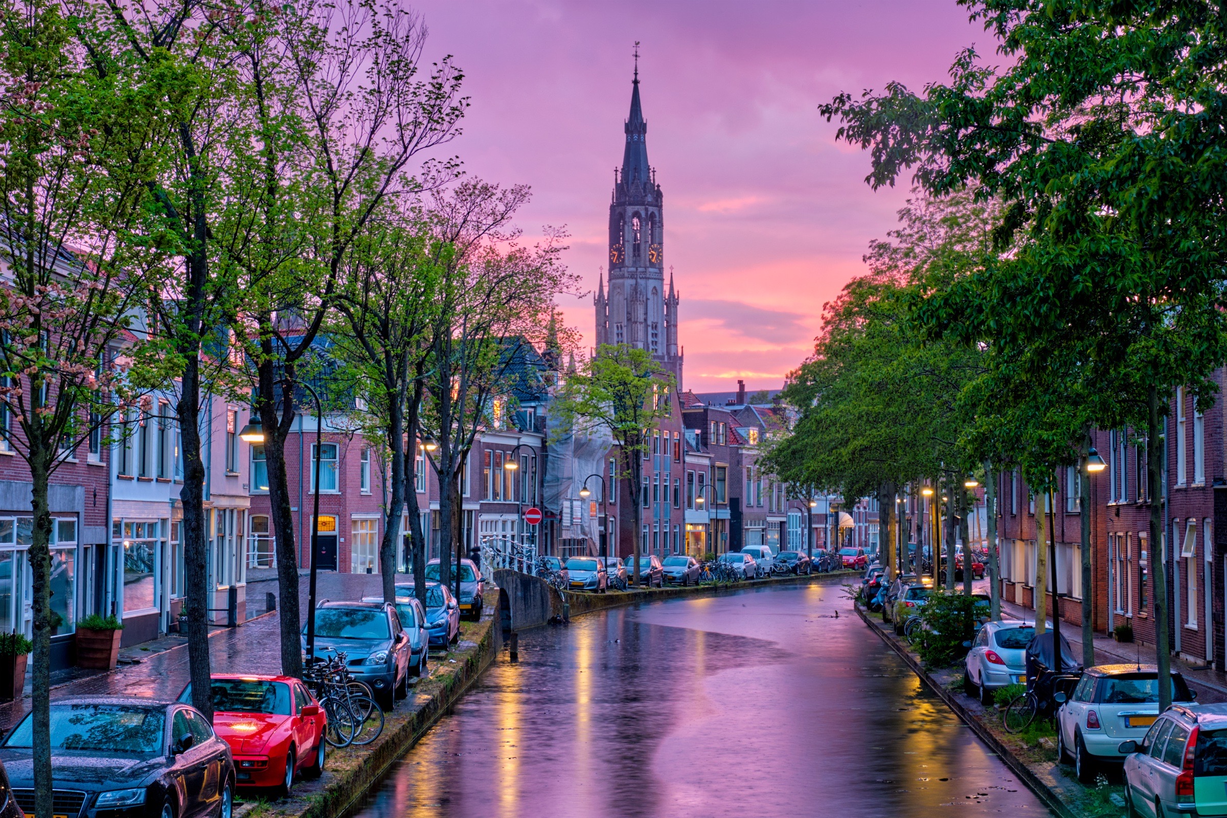 A quiet canal street in Delft.