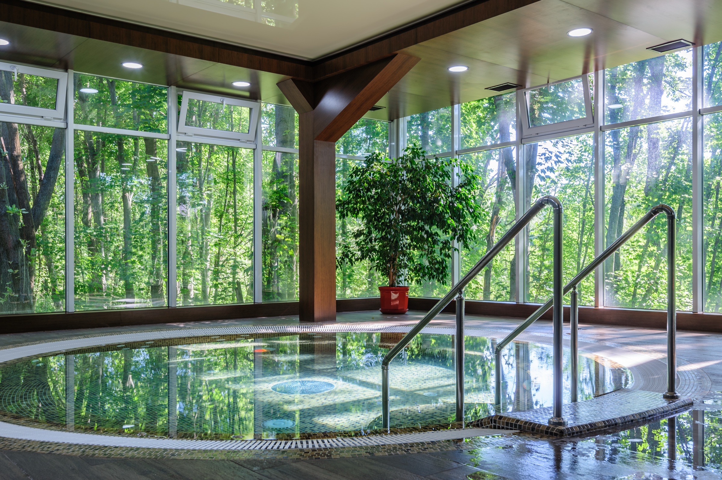 An indoor spa pool facing a green forest.