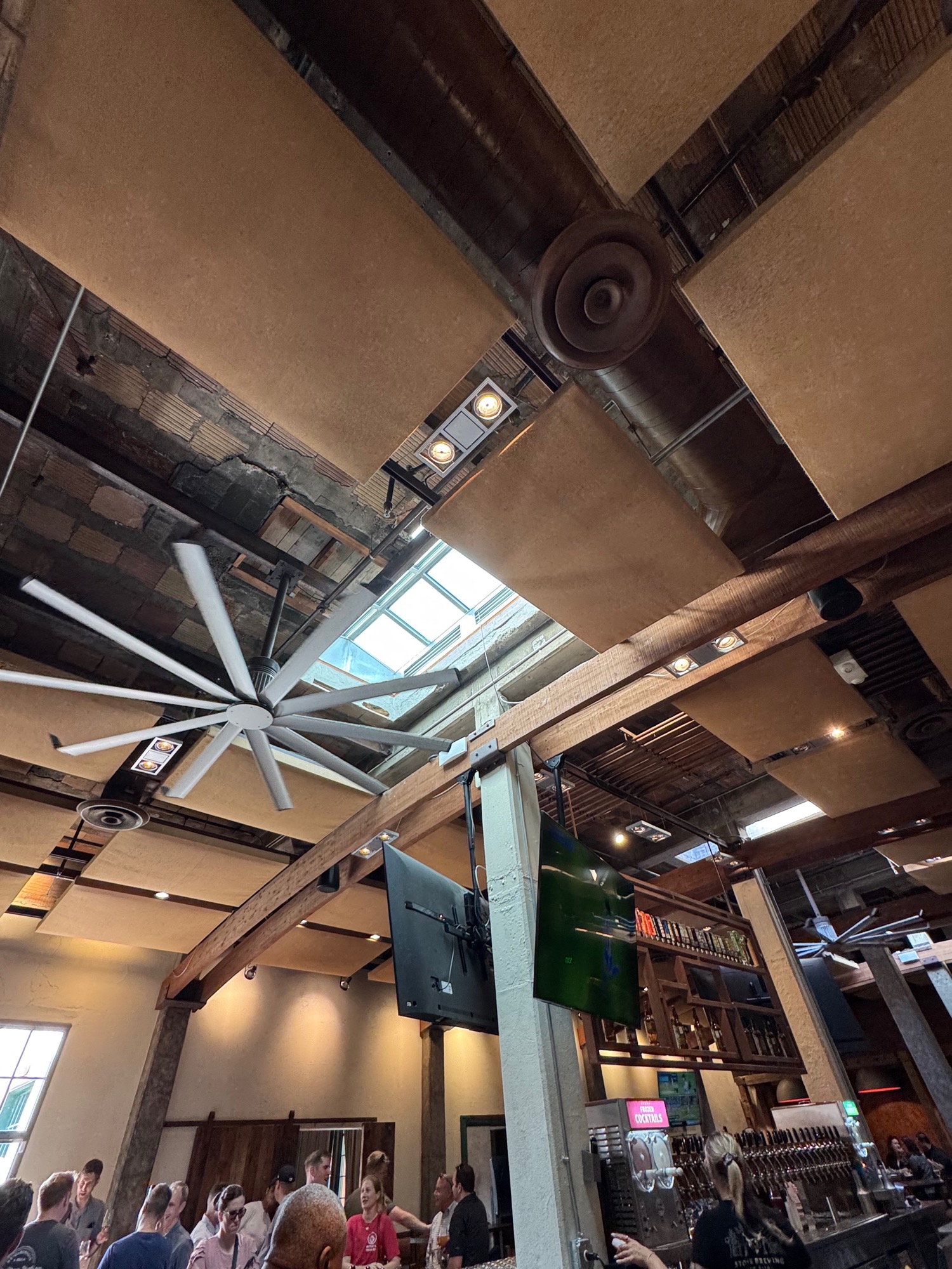 Wood bow trusses inside the 1946 warehouse.