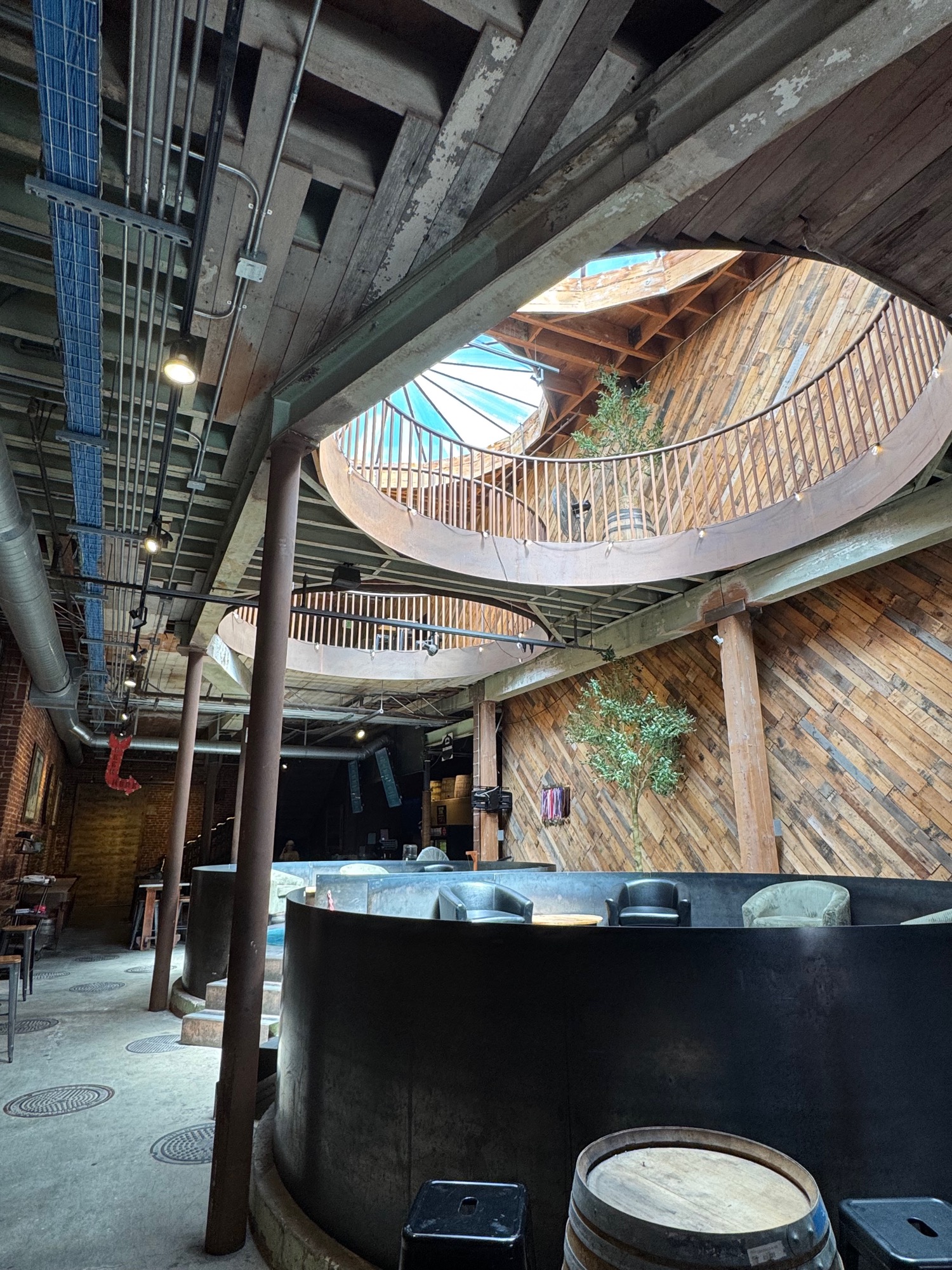 Looking up at the Mission Brewery silo from the floor.